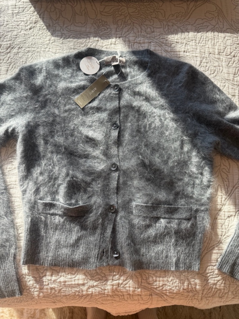 J. Crew Cashmere Heather Gray Fuzzy Button-Front Cardigan